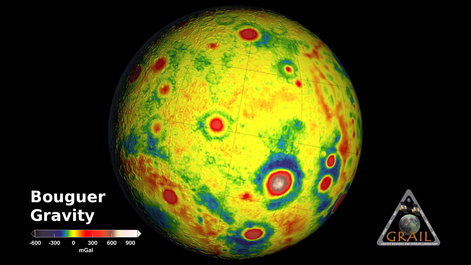 GRAIL Bouguer gravity globe of the Moon, with red mass excesses and blue deficits