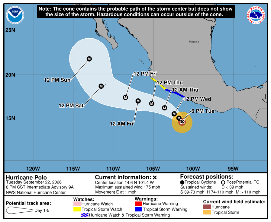 National Hurricane Center five-day forecast cone for Hurricane Polo, Intermediate Advisory 9A, 6 p.m. CST September 22, 2026