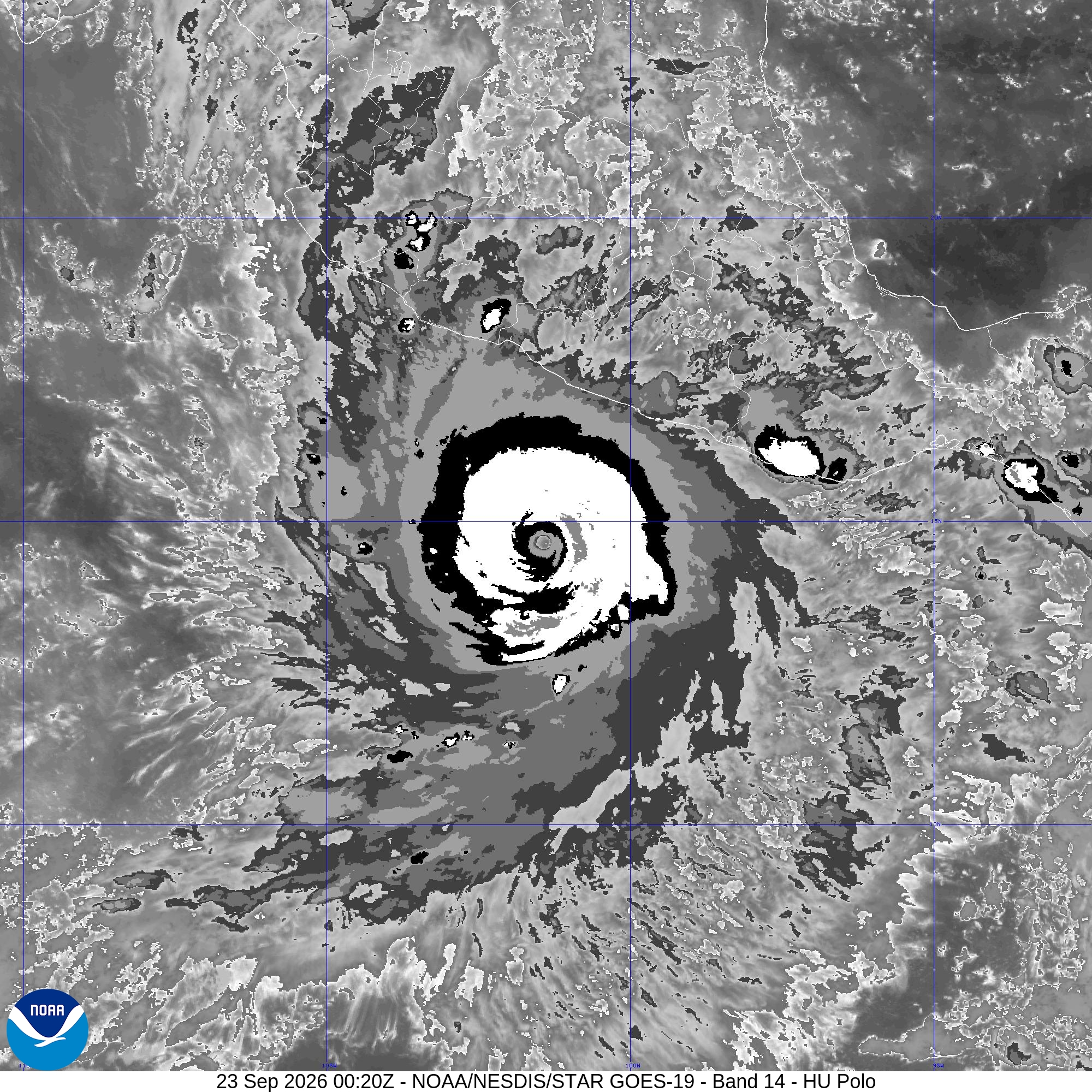GOES-19 infrared image of Hurricane Polo showing a clear eye south of the Mexican coast at 00:20 UTC on September 23, 2026