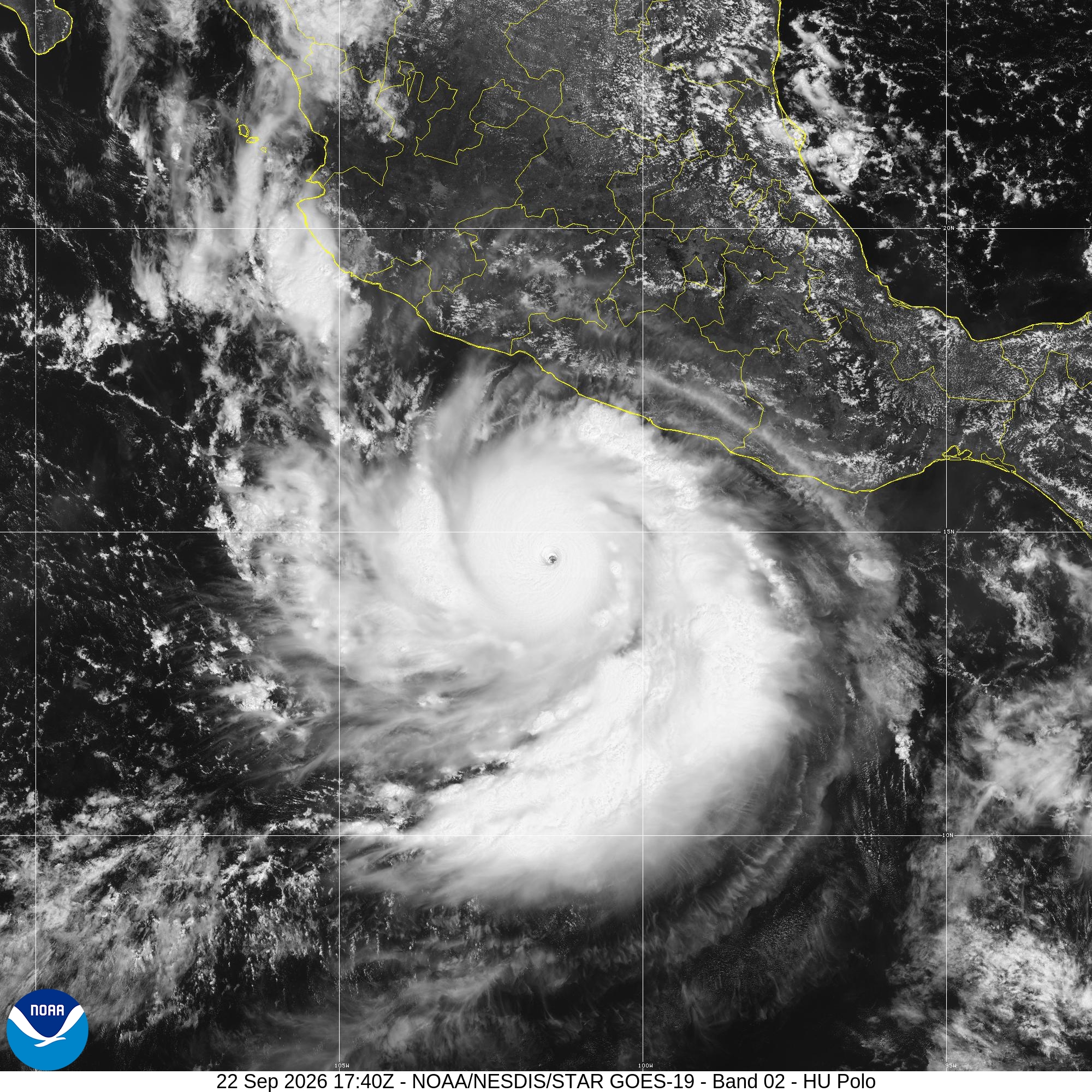 GOES-19 visible satellite image of Hurricane Polo at 17:40 UTC on September 22, 2026, with a small eye south of Mexico